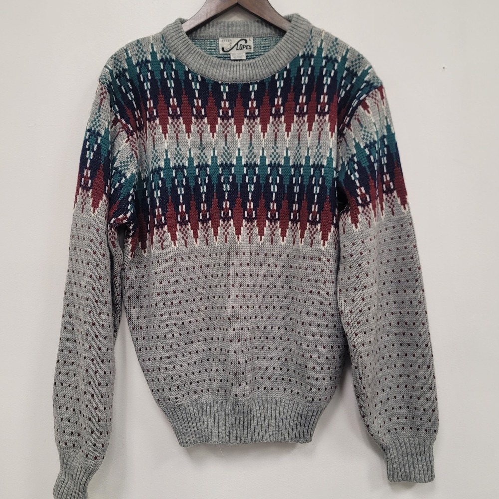 Steep Slopes Mens Vtg Ski Sweater Size L‎ Chunky Nordic Birdseye Multicolor 80s